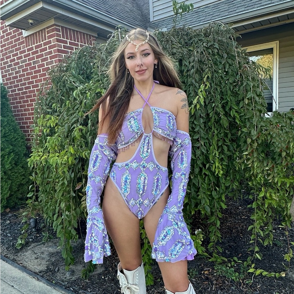 Rage Kage Lavender Sequin Cutout Bodysuit with Shrug